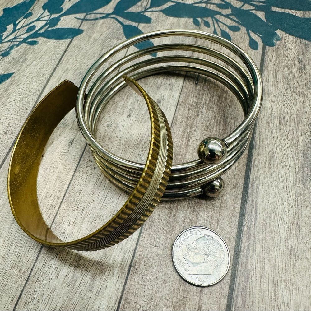 Brass Cuff And Silver Coil Bracelets‎ B1
